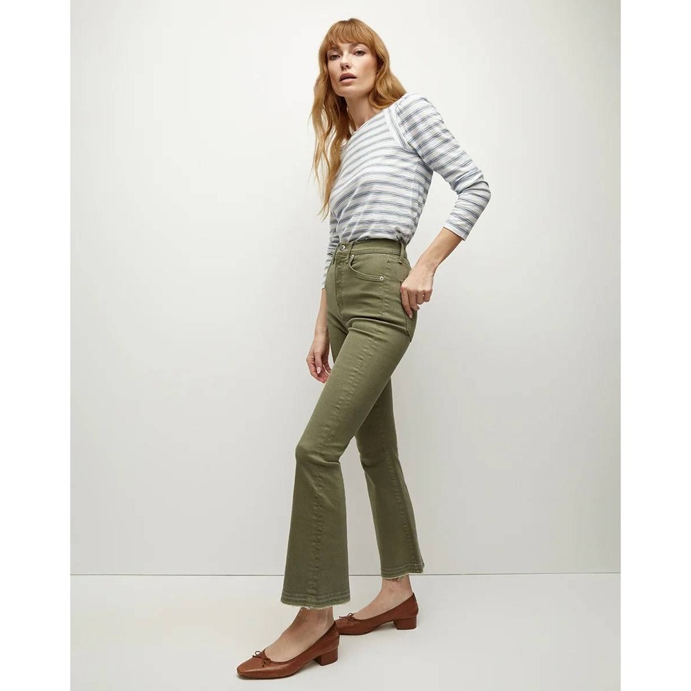 Veronica Beard Carson Ankle Flare High Rise Jeans Olive Green Raw Hem 28